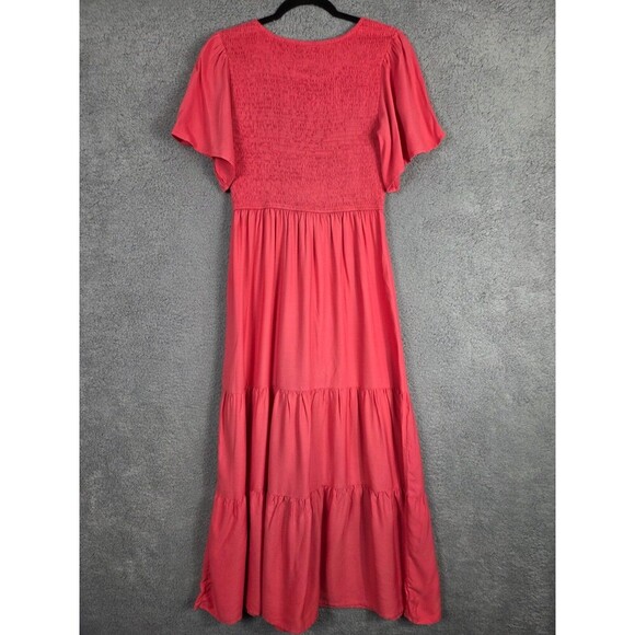 Zesica Red Ditsy Maxi Dress S Tiered Smocked Modest Boho Country Pintuck - Picture 6 of 9